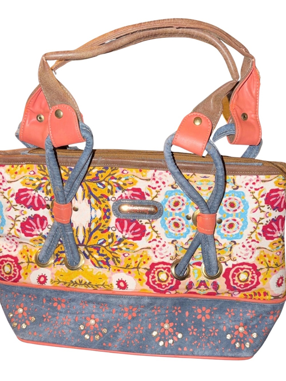 Colorful Floral Tote with Denim Accents and Coral Trim